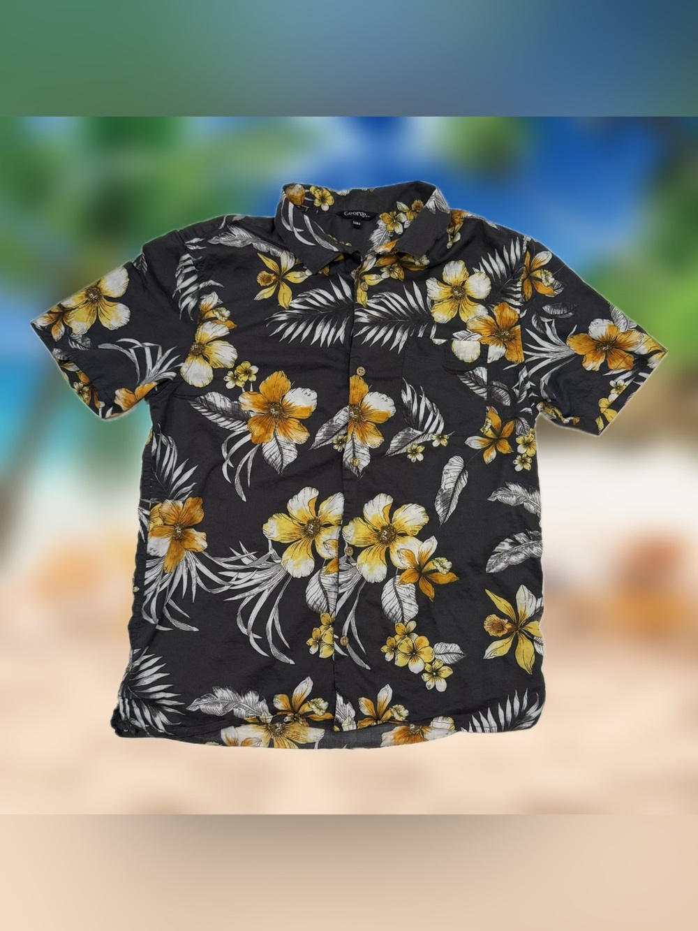George Black Hawaiian Button-Up Shirt with Men’s Size Medium Yellow Floral Print
